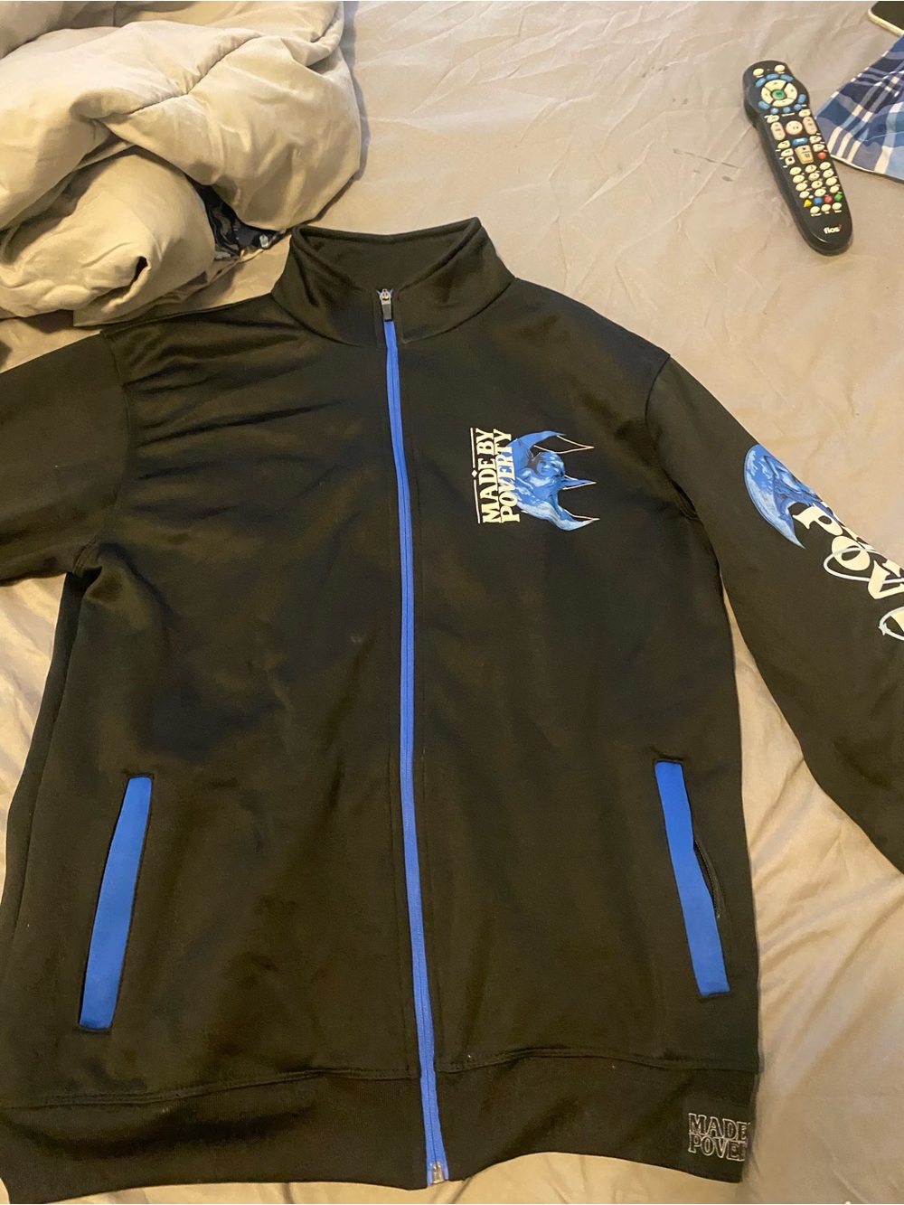 verty Black Full-Zip Hoodie with Blue Trim and Graphic